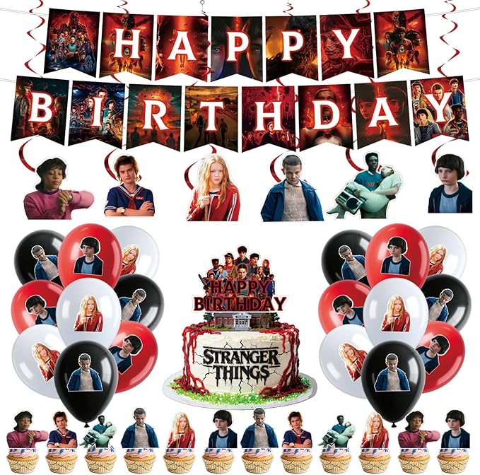 50pcs Stranger season 5 Things Party Supplies Birthday Decorations Set Include Banner, Balloonss, Hanging Swirls, Cake Cup...