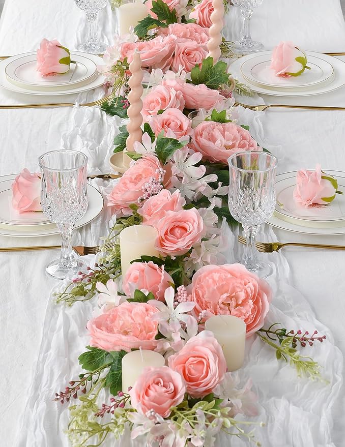 DearHouse Artificial Peony Flower Garland - Silk Peony Garland with Pink Flowers for Wedding Party Table Decoration,6ft/Strand