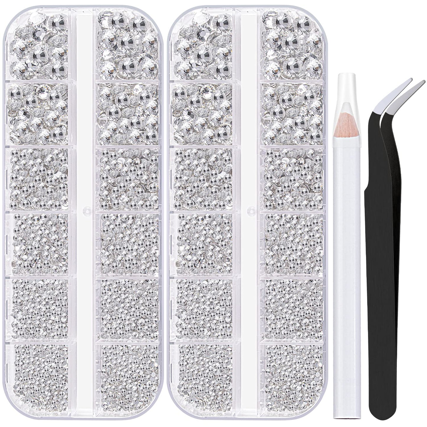 Two Packs of Flatback Rhinestones 4000 Pcs Nail Art Rhinestones Flatback Transparent White Clear Rhinestone with Picker Pencil a