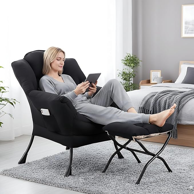 Furlide Lazy Chair with Ottoman, Comfy Fabric Accent Lounge Arm Chair with Lumbar Pillow and Folding Footrest, Reading Leisure Sofa Chair for Bedroom, Living Room, Dorm,Black