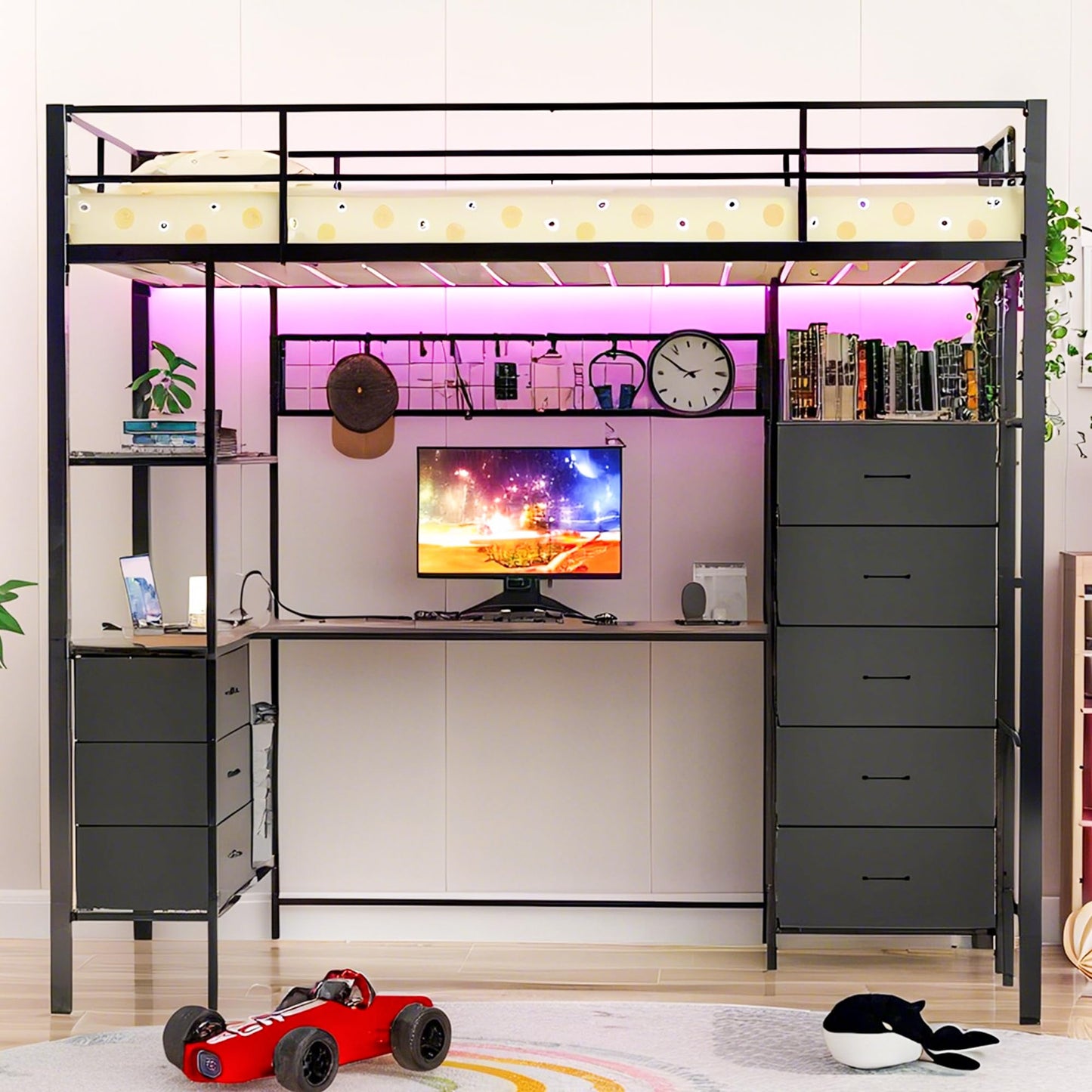 SAHISTCT Twin Size Loft Bed with Desk, LED Lights, Charging Station, Industrial Loft Bed Frame with 3 Storage Shelves and 8 Fabric Drawers, Safety Guard & Ladder,LED Metal Twin Size Bunk Bed