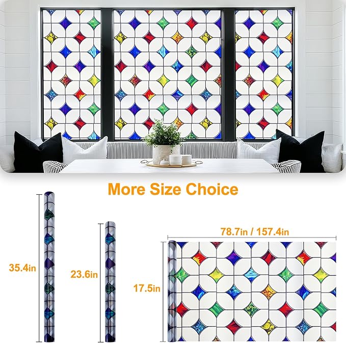 Stained Glass Window Film - Non-Adhesive Colorful Privacy Film | Privacy Protection, Reusable & Renter Friendly | Perfect for Bedroom/Bathroom Room Decor (Frosted Mosaic, 23.6 x 78.7 in)