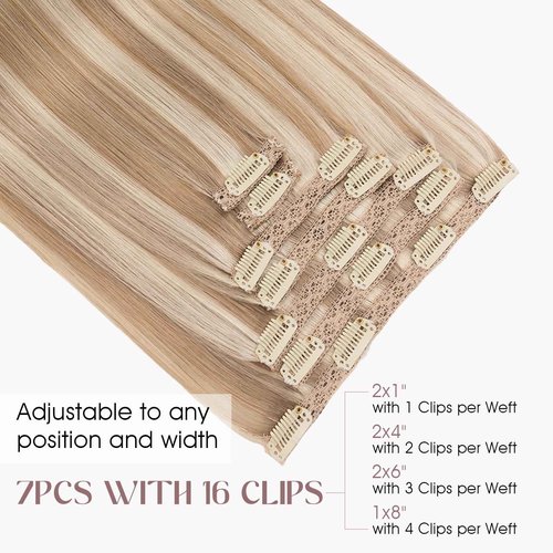 Elailite Clip in Hair Extensions Real Human Hair, Remy Hairpieces for Women, 7PCS Lace Weft Full Head, 14 Inch 100g Golden brown & Bleach Blonde