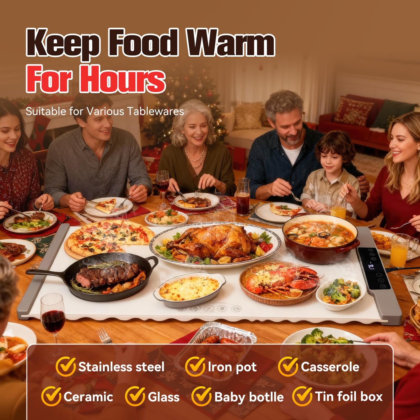 Koucen Warming Mat for Food Extra Large 35.4"×13.4", 7 Temperature Settings, 8-Hour Timer, 400W Fast Full-Surface Heating Child Lock Safety, Food Warmer Electric Warming Trays for Buffets Party