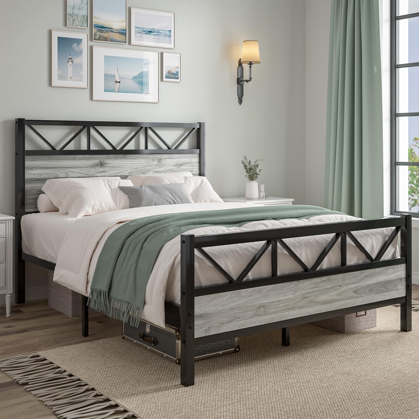 CHABUILDREARK Queen Bed Frame with Headboard, Industrial 51.2" Tall Headboard, Queen Platform Bed Frame with Heavy Duty Metal Slats Support, No Box Spring Needed, Noise-Free, Easy Assembly, Wash Grey
