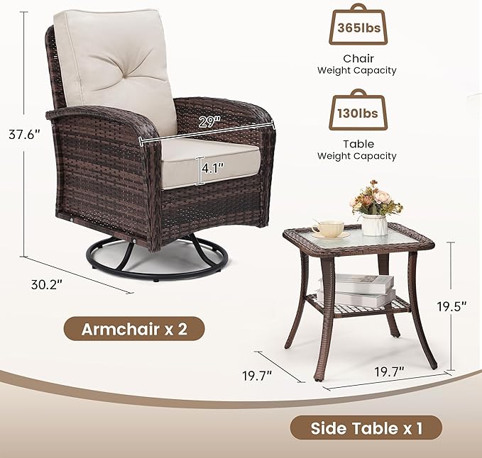 wildformers Luxury Outdoor Swivel Wicker Glider Patio Chairs with Table Set, Overstuffed Washable Cushions, Ideal for Porch, Balcony, Deck, Brown Rattan and Beige Cushion