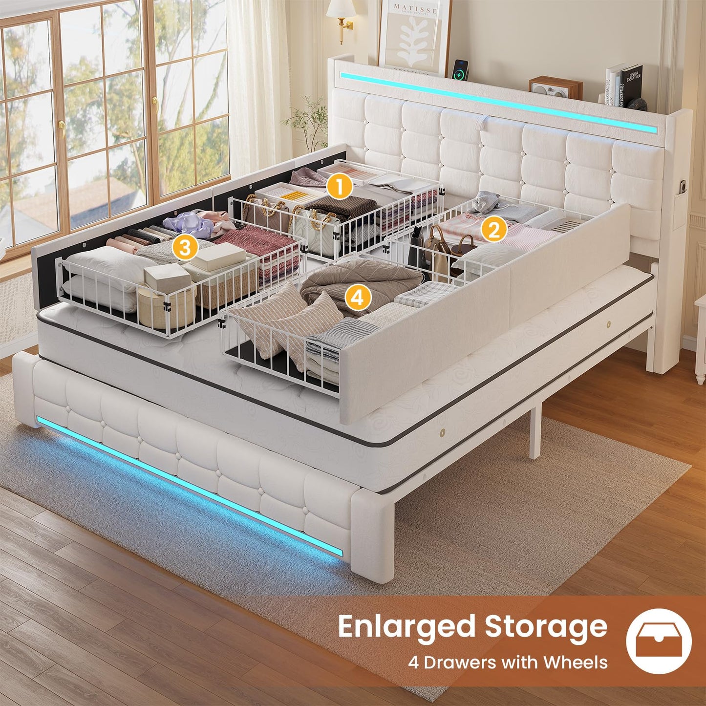 ADORNEVE King Bed Frame with Storage Headboard & 4 Drawers, LED Bed Frame King with Charging Station, Leather Upholstered Platform Bed Frame with Button Tufted, No Box Spring Needed, Creamy White