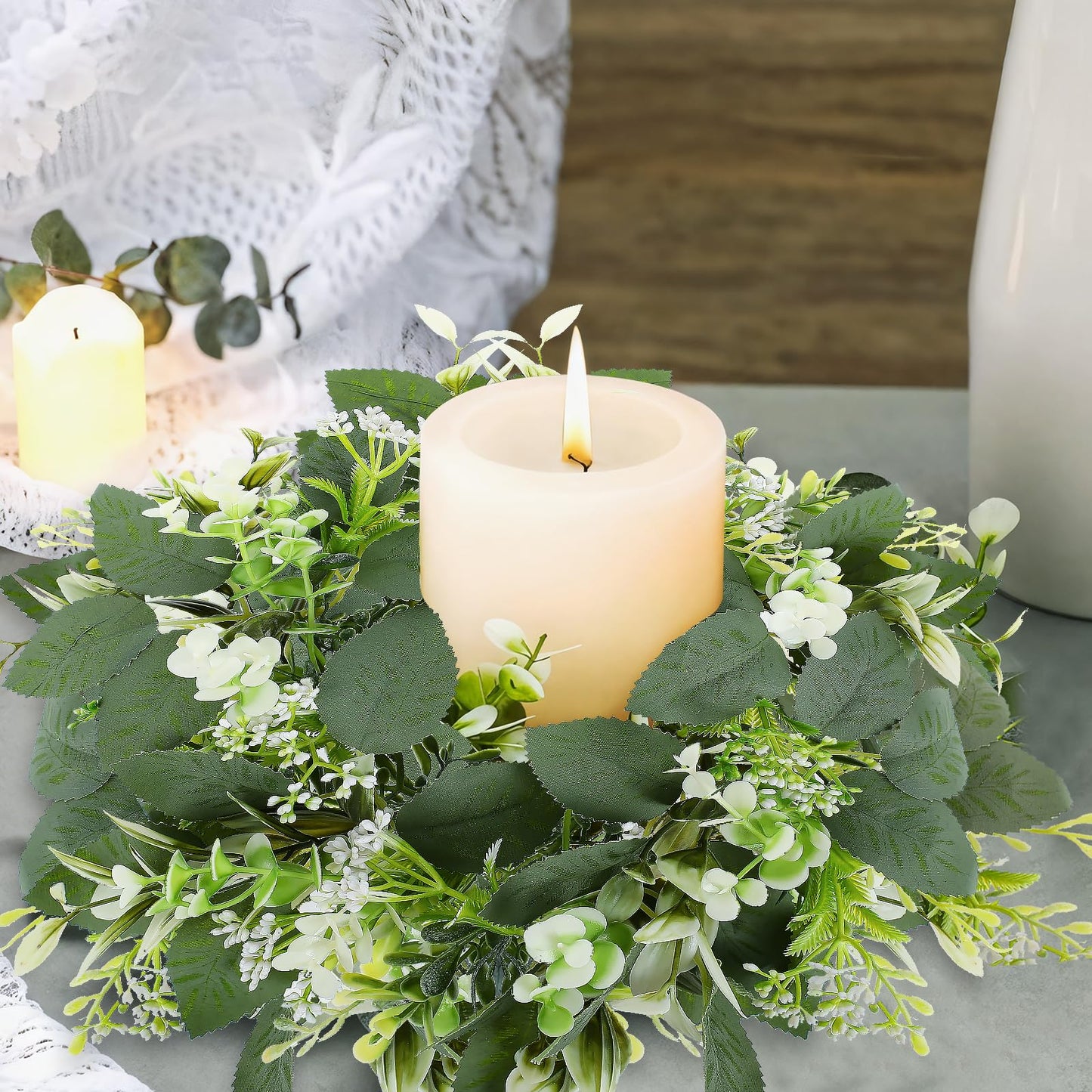 6PCS Artificial Eucalyptus Leaves Wreaths Candle Rings Wreaths Summer Greenery Garland Pillar Holder for Home Wedding Party Table Centerpiece Green
