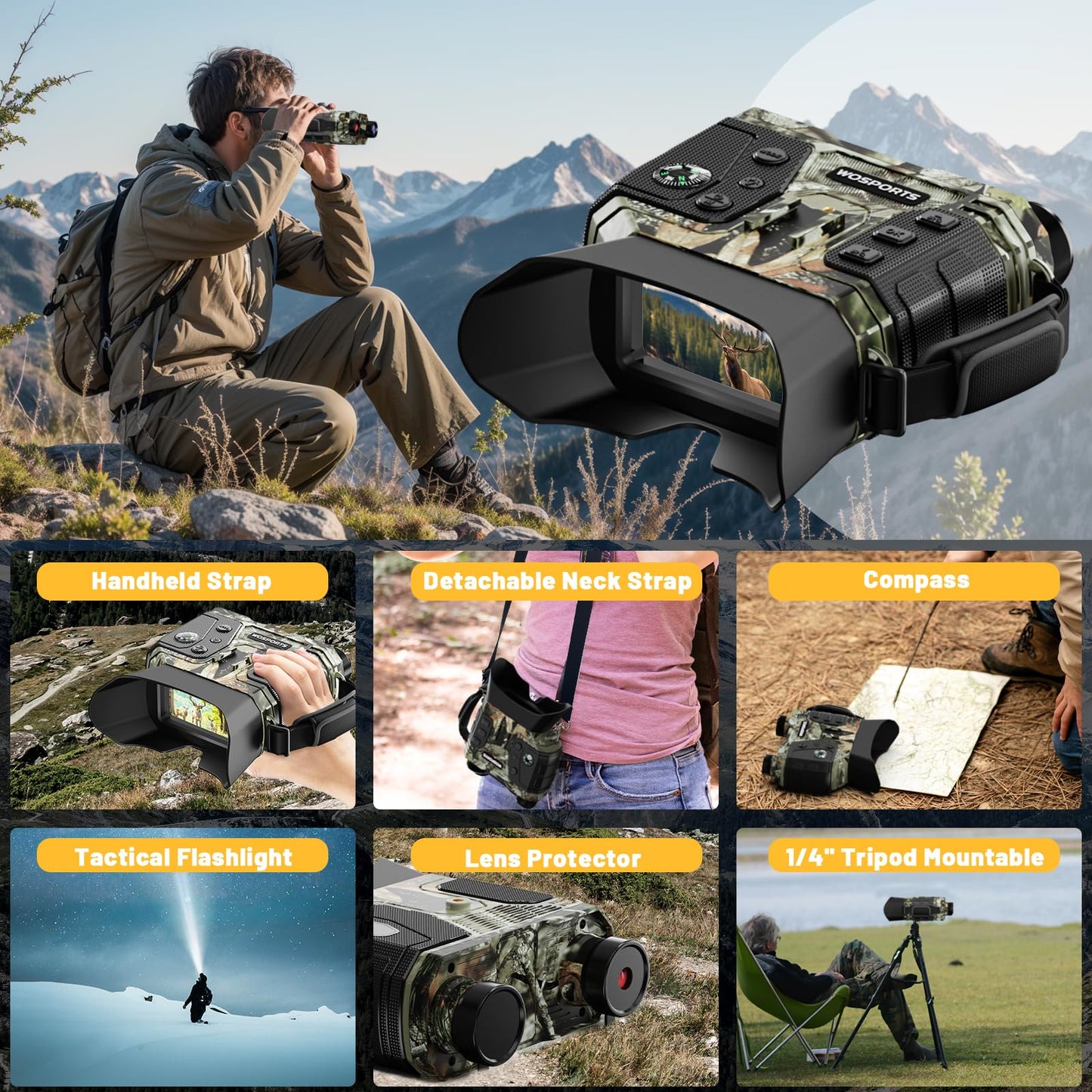 WOSPORTS 4K Night Vision Goggles with 1300FT Range, 8X Digital Zoom, 32GB Card, 15H Rechargeable Battery – Camo Design for Camping, Ideal Gift for Men