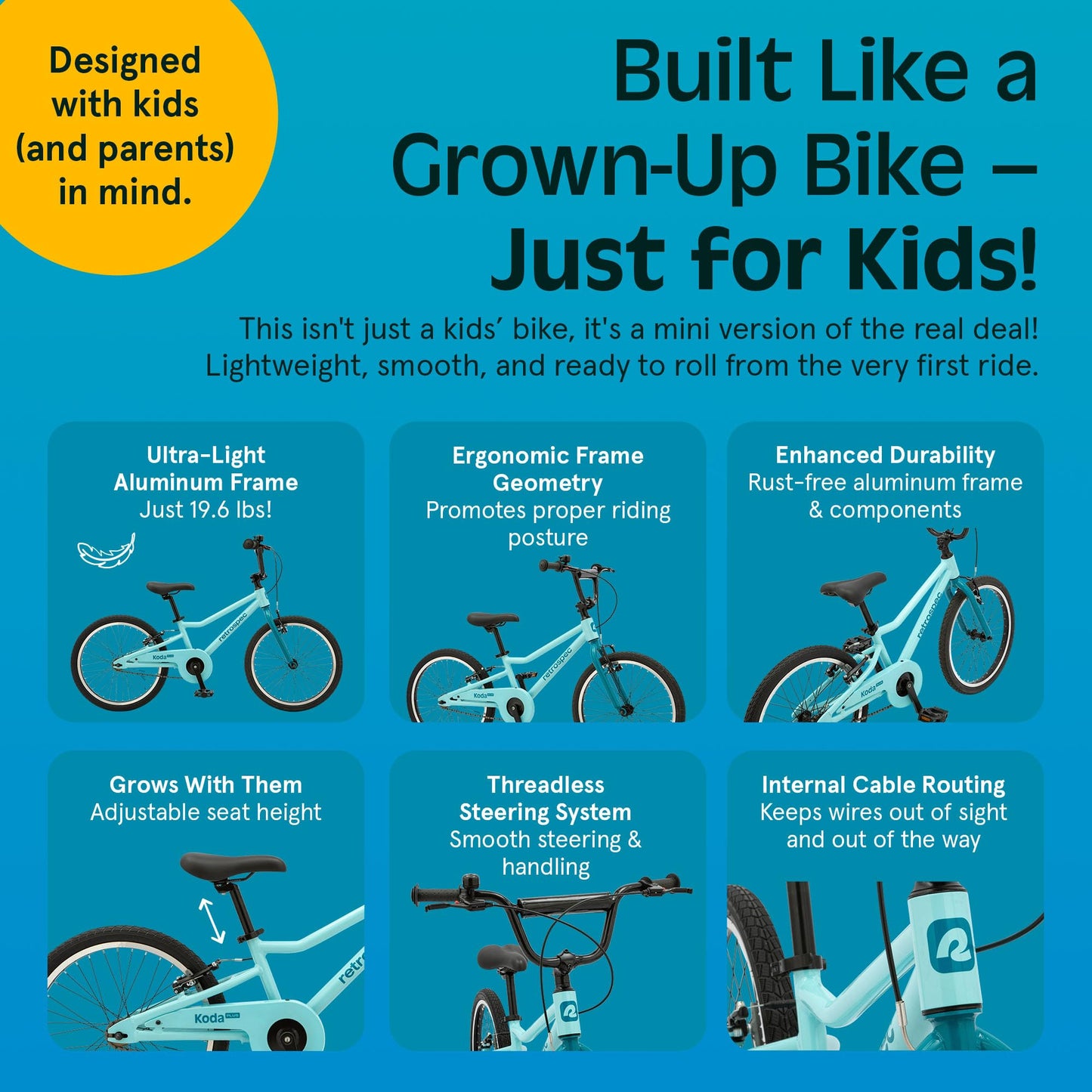 Retrospec Koda Plus 20in Kids Bike with Adjustable Seat & Handlebars - Lightweight Girls & Boys Bicycle for Ages 6-8, Easy-Grip v-Brakes & Smooth-Rolling Tires