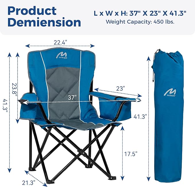 Matrasco Oversized Padded Camping Chair, Heavy-Duty Steel Frame for 450 lbs Supports, Convenient 6-Can Cooler, Portable Carry Bag, Perfect for Outdoor, Beach, and Hiking (Blue & Gray)