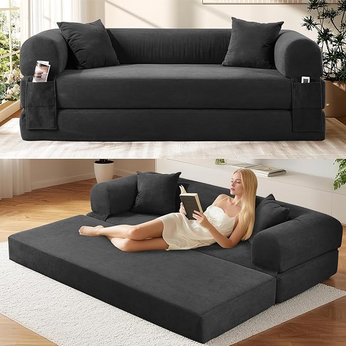 GJQ Convertible Futon Sofa Bed,80" Folding Pull Out Couch Bed with Pillows & Storage,Queen Sleeper Sofa Bed,Compressed Couch in a Box,Corduroy Boneless Couches for Living Room,Deep Gray