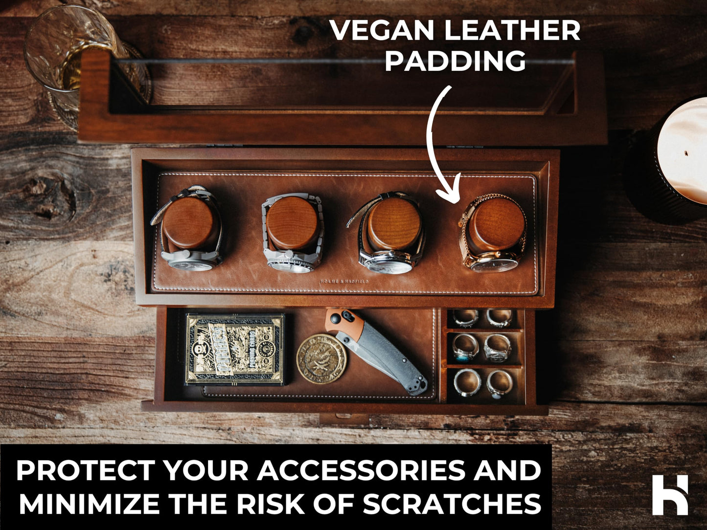 Premium 4 Slot Watch Box for Men (2026 Upgraded) – Wooden Watch Display Case with Hinged Wood Cover, Leather Lining & Drawer – Watch Organizer Stand – Handcrafted Luxury Father's Day Present for Men