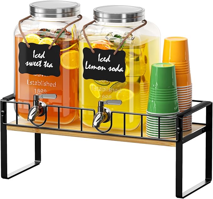 Zuyachuza 2-pack 1 Gallon Drink Dispenser,Glass Beverage Dispenser with Spigot,Lemonade dispenser Bamboo Stand for Outsid...