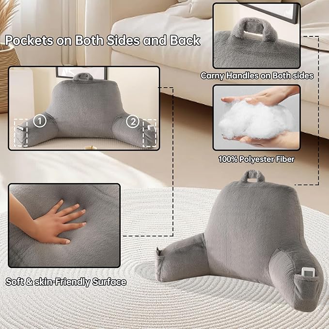 PAJEO Reading Pillow for Sitting in Bed, Large Backrest Reading Pillow with Arm Rest,Back-Rest Support Cushion for Sit Up on Couch, Sofa, and Floor, Dorm Essentials (Gray Faux Fur, Large(19"))