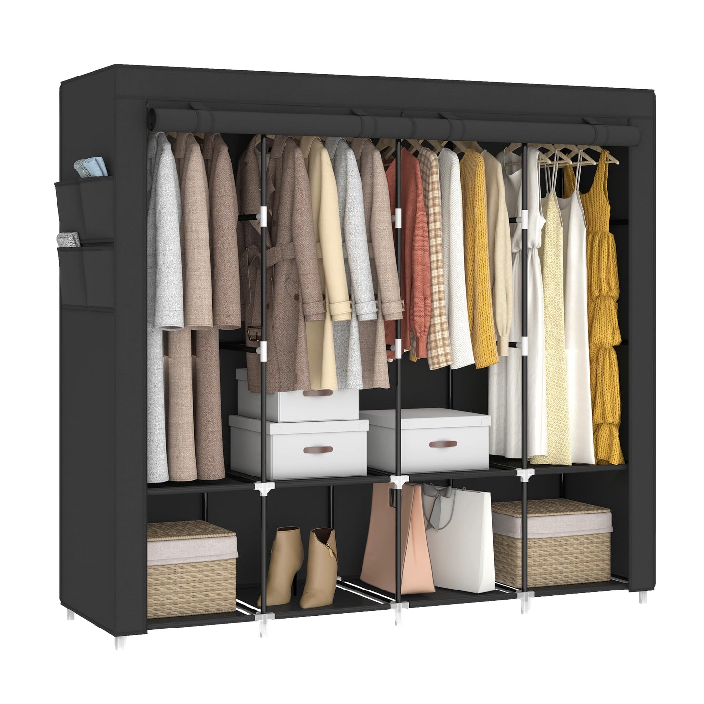 MOGELAFOO 67 Inch Portable Closet Wardrobe for Hanging Clothes, Wardrobe Closet with Cover, 4 Hanging Rods and Side Pockets, 8 Storage Shelves, Large Clothes Organizer for Bedroom, Living Room, Black
