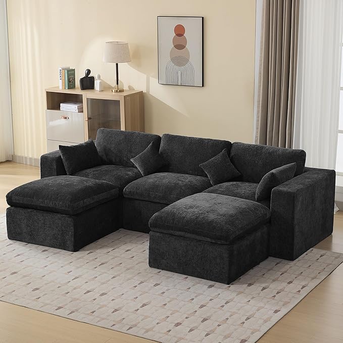 115'' Cloud Boneless Sectional Couch, Modular Sectional Sofa Deep Seat with 2 Ottomans, Oversized Upholstered Convertible Comfy 5 Seater Chenille Sofa U Shape Couches for Living Room, Dark