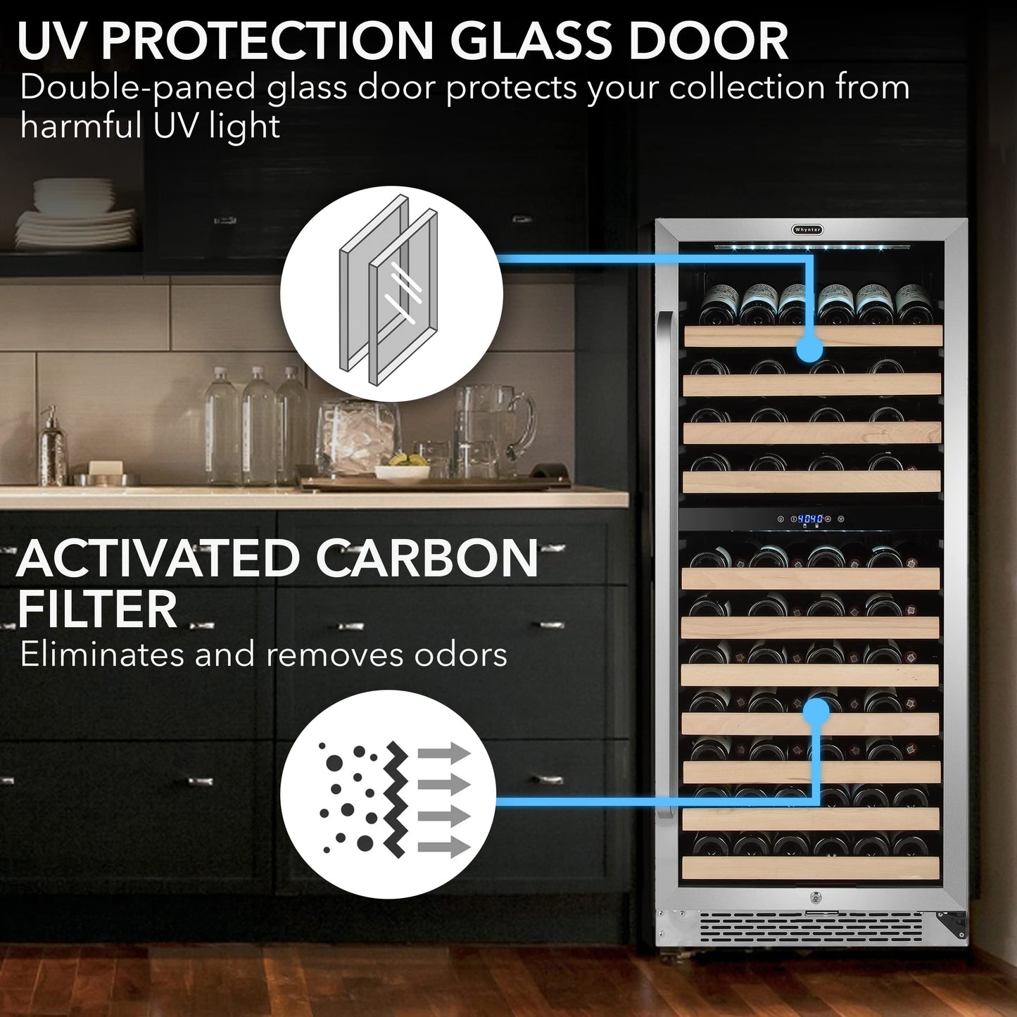 Whynter BWR-0922DZa 92 Bottle Built-in Stainless Steel Dual Zone Compressor Wine Refrigerator, Black