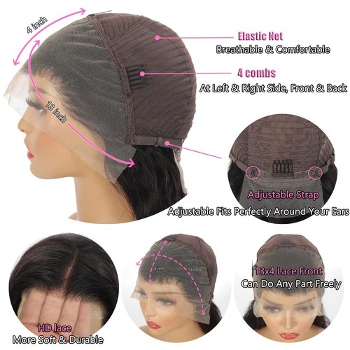 GIESWY Deep Wave Lace Front Wigs Human Hair 13x4 HD Transparent Lace Frontal Glueless Wigs for Women, Natural Black, 16 inch