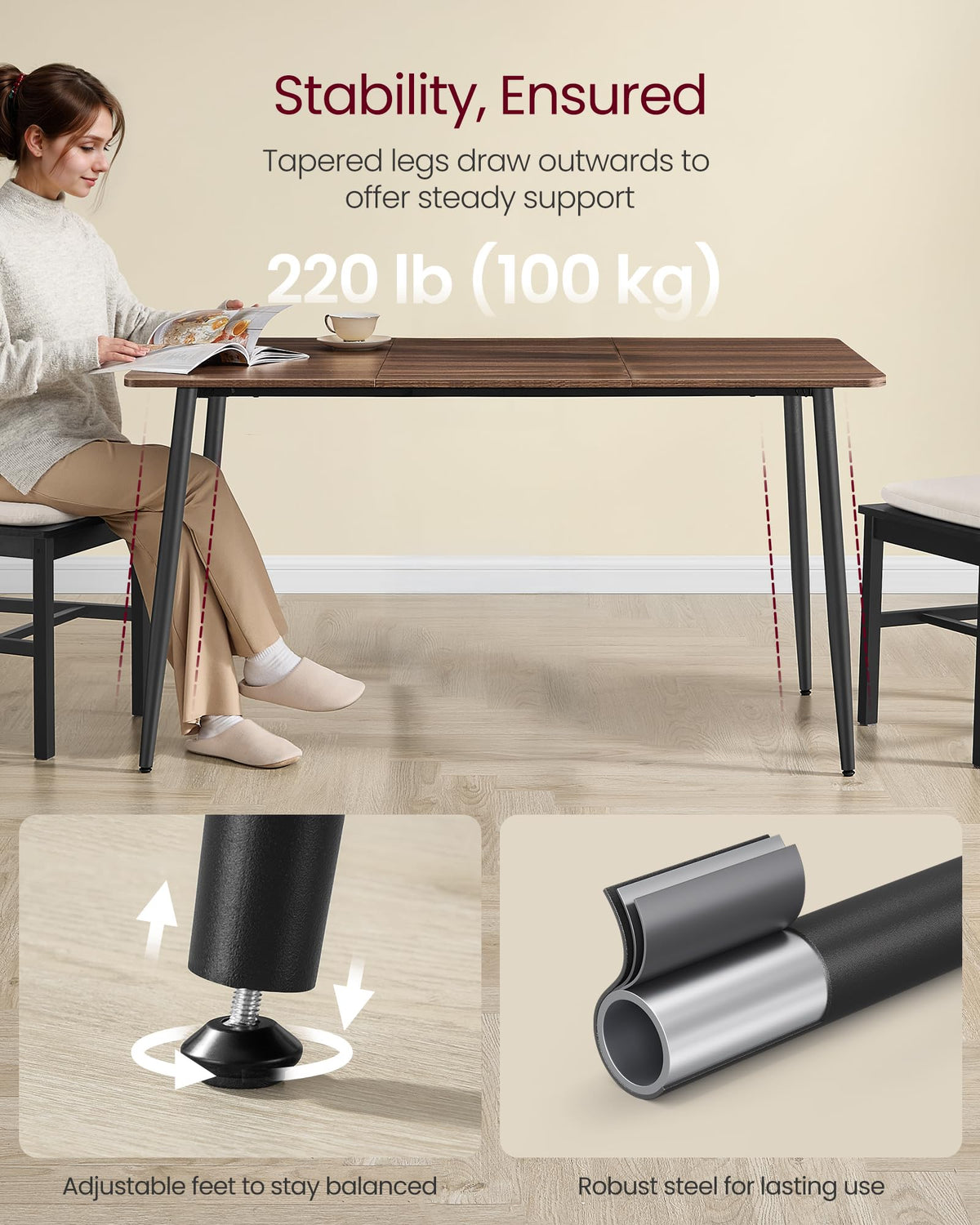 VASAGLE Dining Table, Dining Room Table for 4-6 People, Modern Farmhouse, for Kitchen, Quick Assembly, Heat-Resistant Surface, 29.5 x 55.1 x 29.5 Inches, Natural Walnut and Ink Black UKDT100K02V1