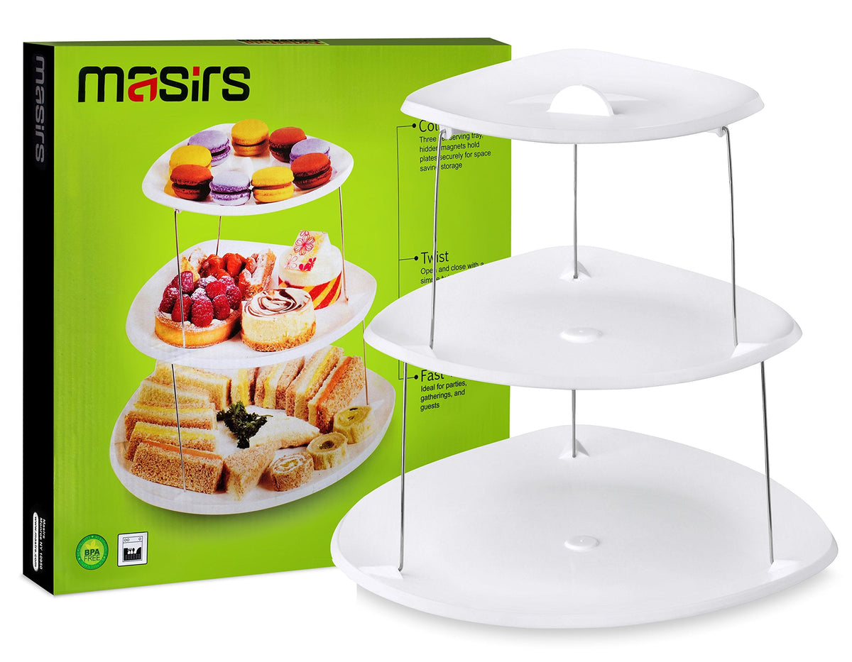 Masirs Collapsible 3-Tier Party Tray: Decorative Design Folds for Minimal Storage. an Elegant Serving Tray for Sandwiches, Cake, Sliced Cheese, and Deli Meat.