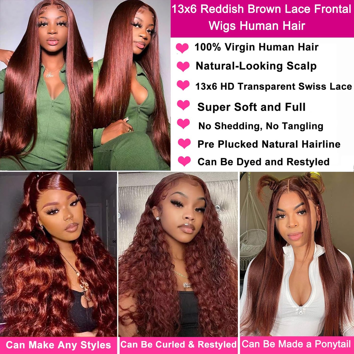 Poysew Reddish Brown Lace Front Wigs Human Hair 13x6 Straight HD Lace Frontal Wigs Human Hair for Women Auburn Brown Human Hair