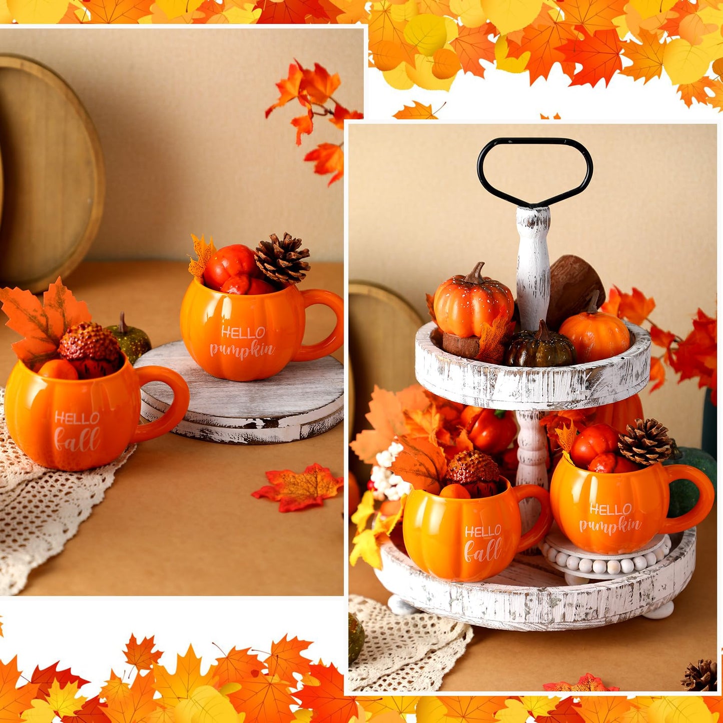 GlikCeil 2 Pcs Fall Pumpkin Coffee Mugs Thanksgiving Tiered Tray Decoration Autumn Ceramic Spice Cups 17 oz for Home Kitchen Fall Y'all Table Centerpieces Farmhouse Accessories Housewarming Gift