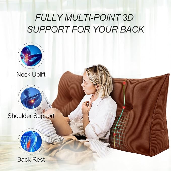Wedge Headboard Pillow Dorm Room Reading Pillow Back Support for Sitting Up in Bed Bolster Lumbar Cushion Body Positioning Bedrest Corduroy (Coffee, King (76 * 8 * 20in))