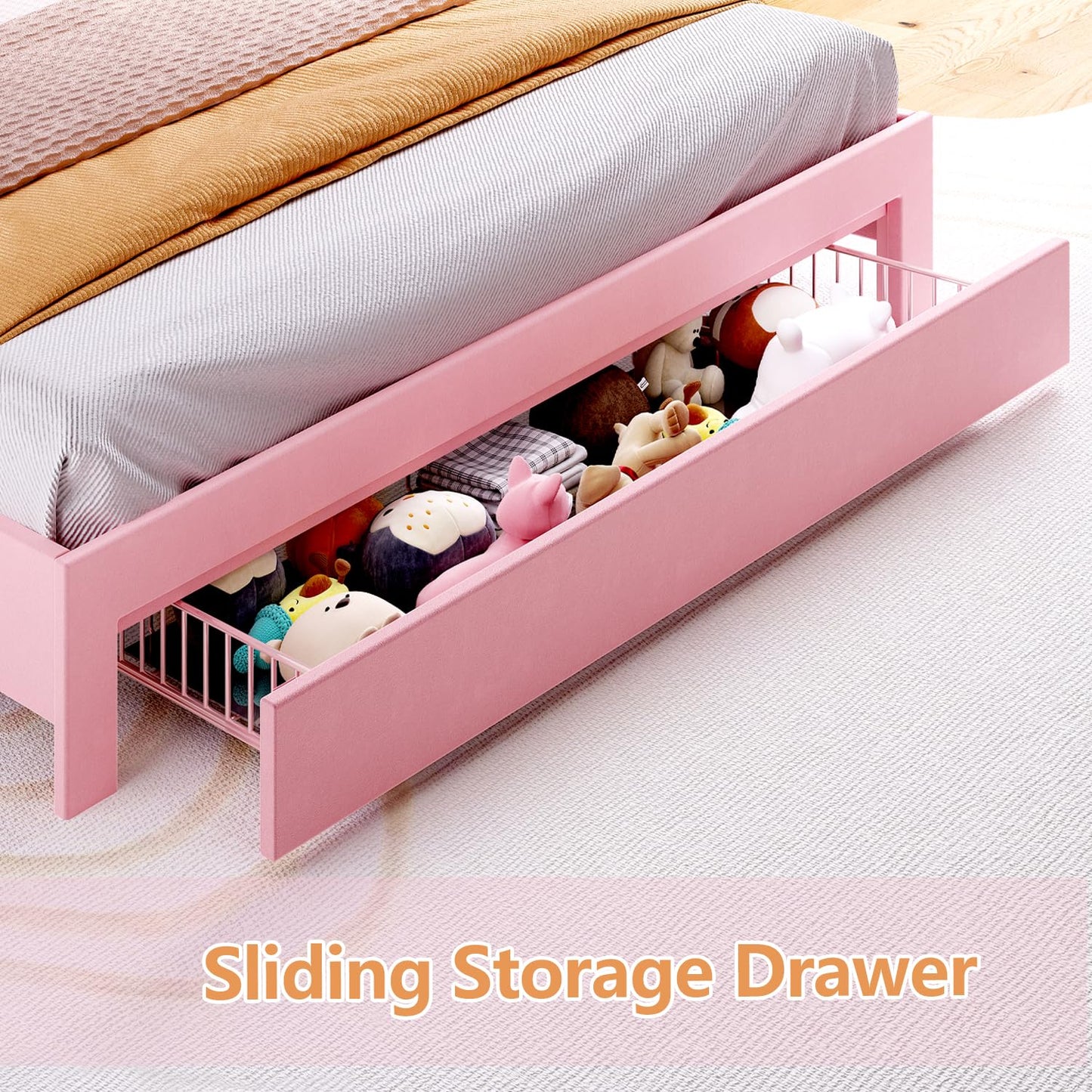 ROCHECASA Full Size Bed Frame with Storage and LED Lights Charging Station, Velvet Upholstered Bed with Drawer, No Box Spring Needed, Easy Assemble, Pink