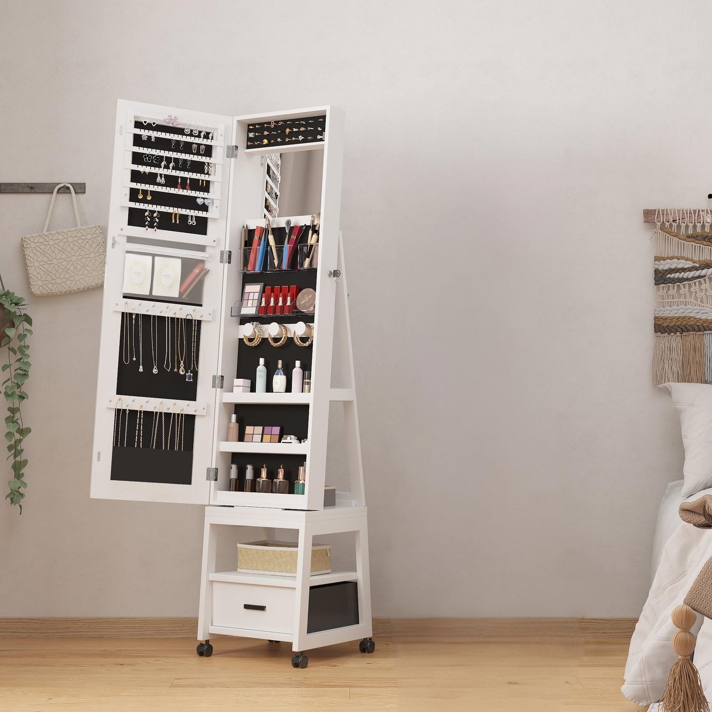Takywep 360° Swivel Jewelry Armoire with Storage Shelf & Drawer, 66" H Full-Length Mirror Jewelry Armoire, Floor Standing Jewelry Organizer Cabinet with Wheels, White