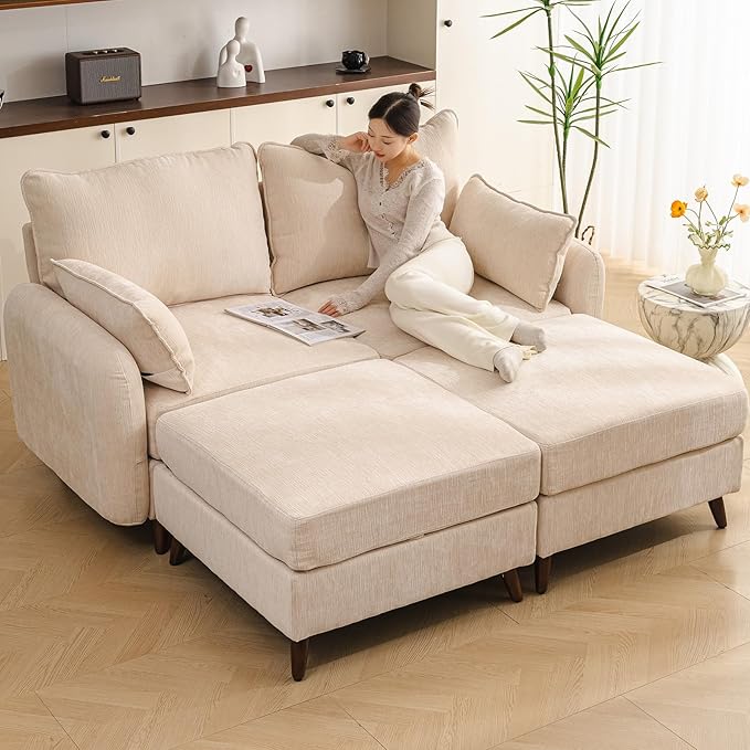 73'' Loveseat Sofa with Seats Storage, Modular Sectional Couch with Movable Ottoman,Oversized Comfy Couch, 7.8'' Thick Cushion,24.5'' Deep Seat,Large Couches for Living Room,Bedroom,Velet,Cream
