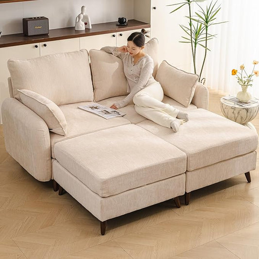 73'' Loveseat Sofa with Seats Storage, Modular Sectional Couch with Movable Ottoman,Oversized Comfy Couch, 7.8'' Thick Cushion,24.5'' Deep Seat,Large Couches for Living Room,Bedroom,Velet,Cream
