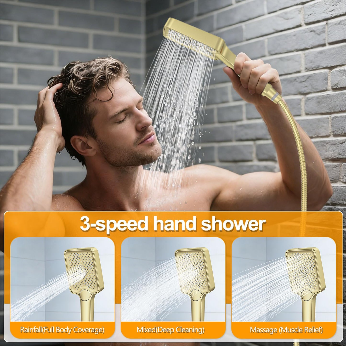 JQBQS Shower System Modern Rain Brass Faucet Set With Valve and Diverter Shower Mixer With Handheld High Pressure Square Rainfall Shower Valve (12'' Wall Mount, Brushed Gold)