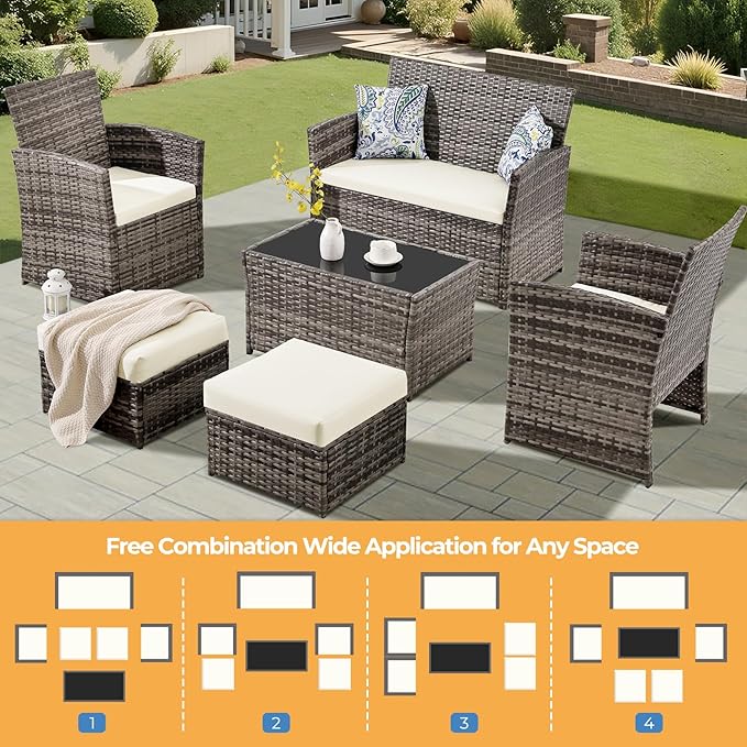 FHFO 6 Pieces Outdoor Patio Furniture Set, Wicker Sectional Sofa Patio Conversation Set Couch with Ottomans Rattan Chair and Table for Garden, Yard,Gray-Beige