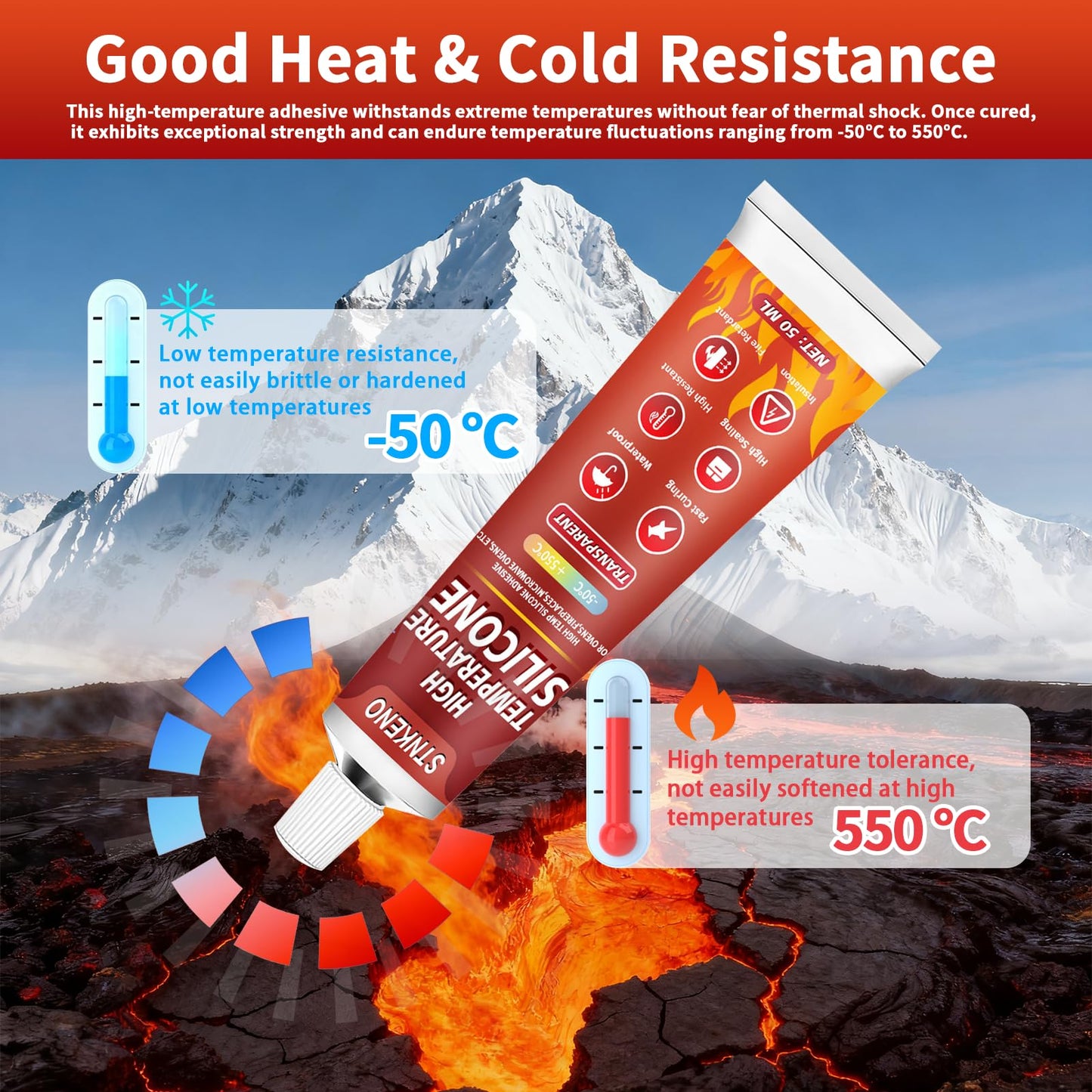 Stnkeno High Temp Silicone Sealant, High Temperature Adhesive, Heat Resistant Glue, Insulation and Waterproof Quick Drying Silicone Adhesive for Ovens Fireplace Microwave, Transparent, 2 Pack, 3.53 OZ