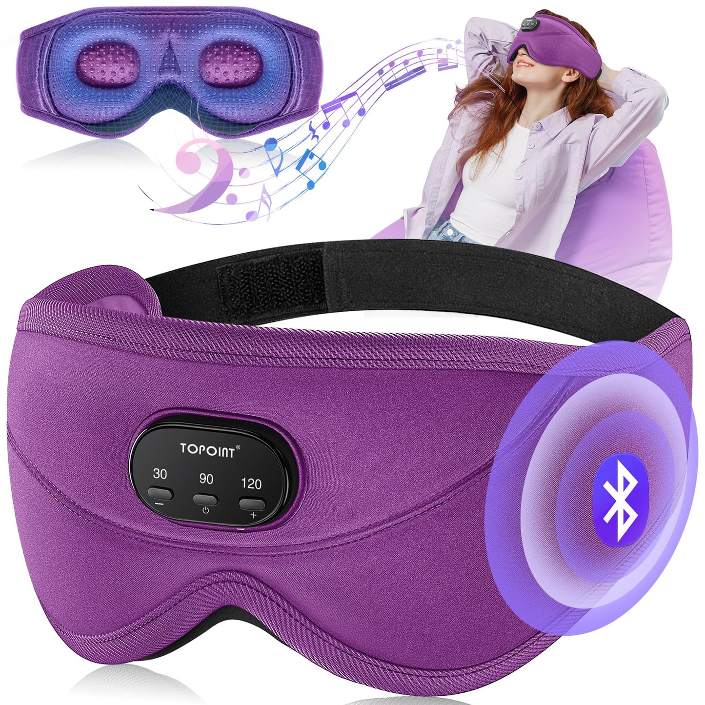 TOPOINT Sleep Mask with Bluetooth Headphones, 3D Eye Mask for Sleep Headphones with White Noise, Total Blackout, 5.4 Bluetooth, Timer, 15 Hours for Women Men, Travel, Meditation, Nap, CPAP Users