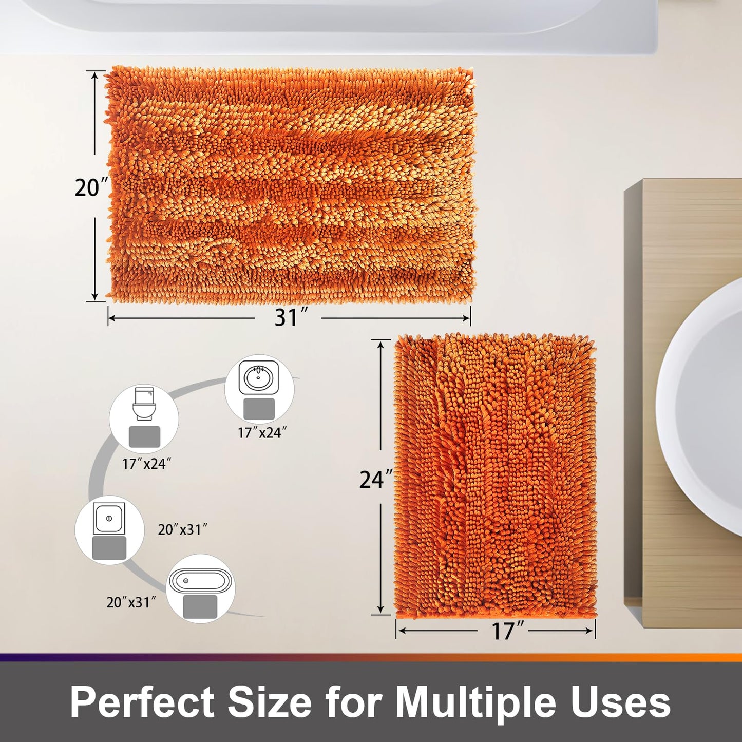 Civkor Orange Bathroom Rugs, Fall Bathroom Rugs Set with Non Slip Backing, Luxury Shiny Chenille Bath Mats Rug Machine Washable and Quick Dry, 31x20 and 24x16 Inch