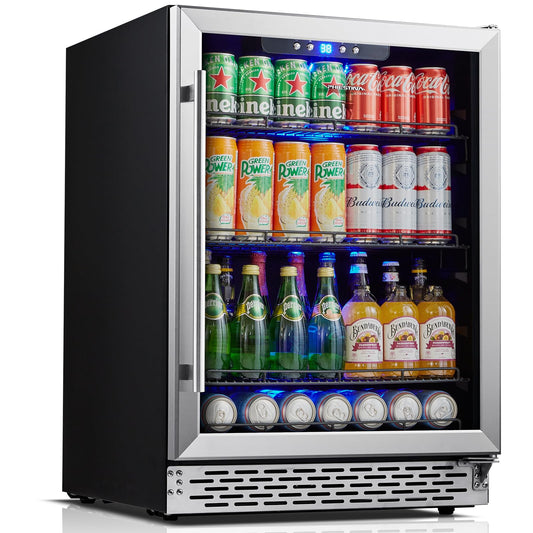 Phiestina Beverage Refrigerator 175 Cans Under Counter Beer Cooler 24 inch Quiet Built-in or Freestanding Beverage Fridge Glass Door Auto Defrost 5 Removable Shelves for Home Bar Office