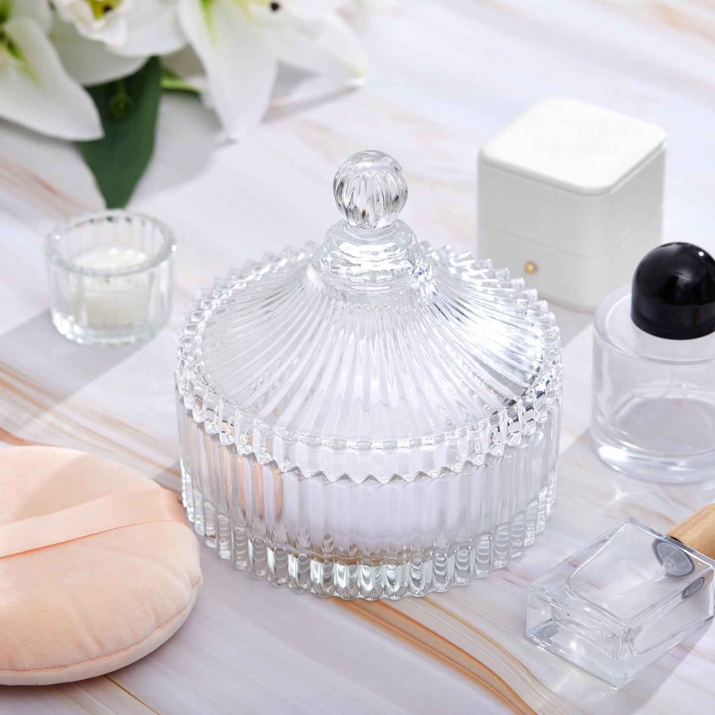 Tioncy 3 Pcs Extra Large Body Powder Puff and Container 5.43'' Glass Body Container with 5.12'' Powder Puff Glass Jar for Women'