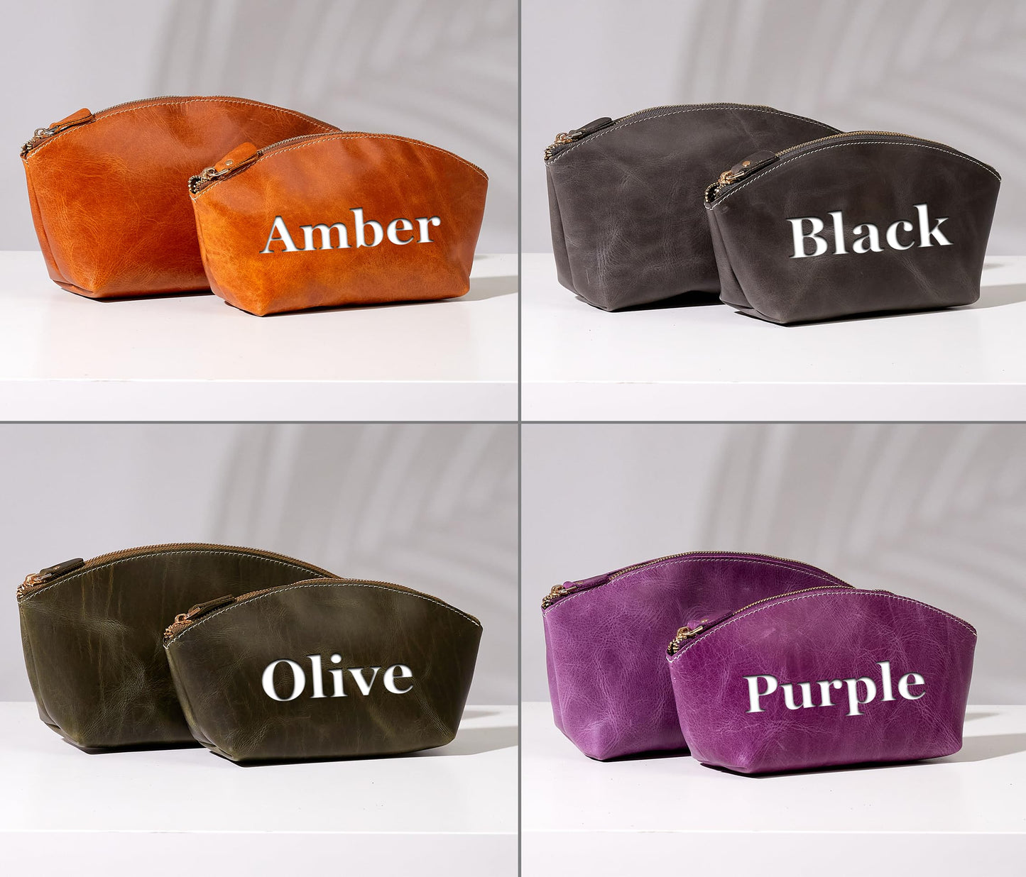 Luxury Personalized Leather Makeup Bags Crafted in USA, Full-Grain Leather Cosmetic Bag Engraved Name Initials or Logo, Birthday Anniversary Christmas Gift or Mother Gift, Italian Zipper, Make-up Purse for Women