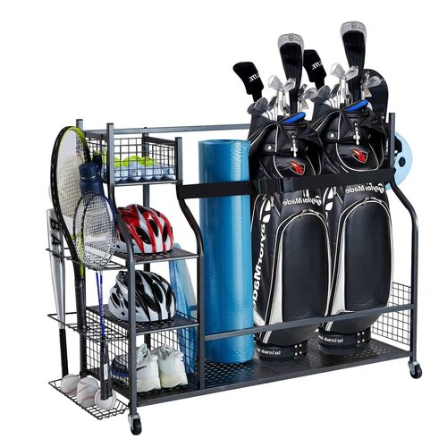 VEVOR Golf Storage Garage Organizer, 3 Golf Bag Stand Holder, Other Sports Equipment Storage Rack, Rolling Ball Cart on Wheels, Outdoor Sport Gear, Toy Storage Baskets Hooks Christmas Crafts Xmas Gift