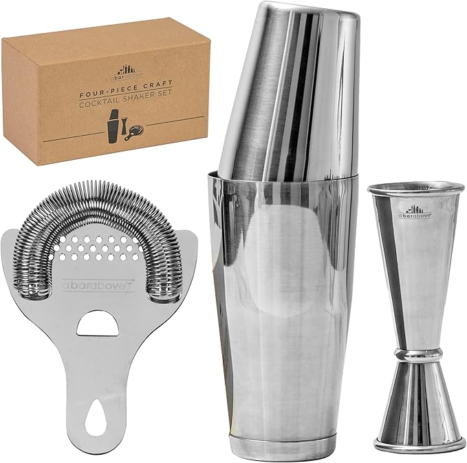 A Bar Above Cocktail Shaker Set, 4-Piece Professional Bartender Kit with Boston Shaker, Strainer and Jigger, Stainless Ste...