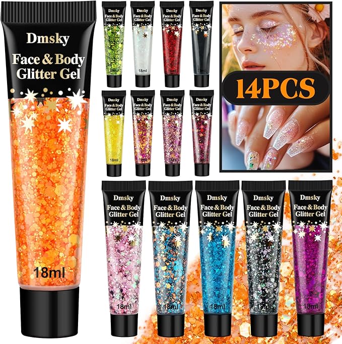 14 Colors Body Glitter,Face Glitter Makeup for Kids Women,Sparkly Chunky Hair Glitter for Eye Lip Nails,Mardi Gras Glitter...