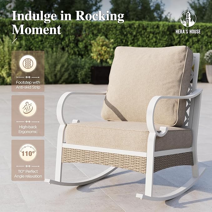 HERA'S HOUSE 4-Piece Patio Furniture Set with Metal & Rattan Design, Includes 2 Rocking Chairs, 3-Seat Sofa & Marble Coffee Table, All-Weather Outdoor Conversation Set for Garden Backyard, Beige