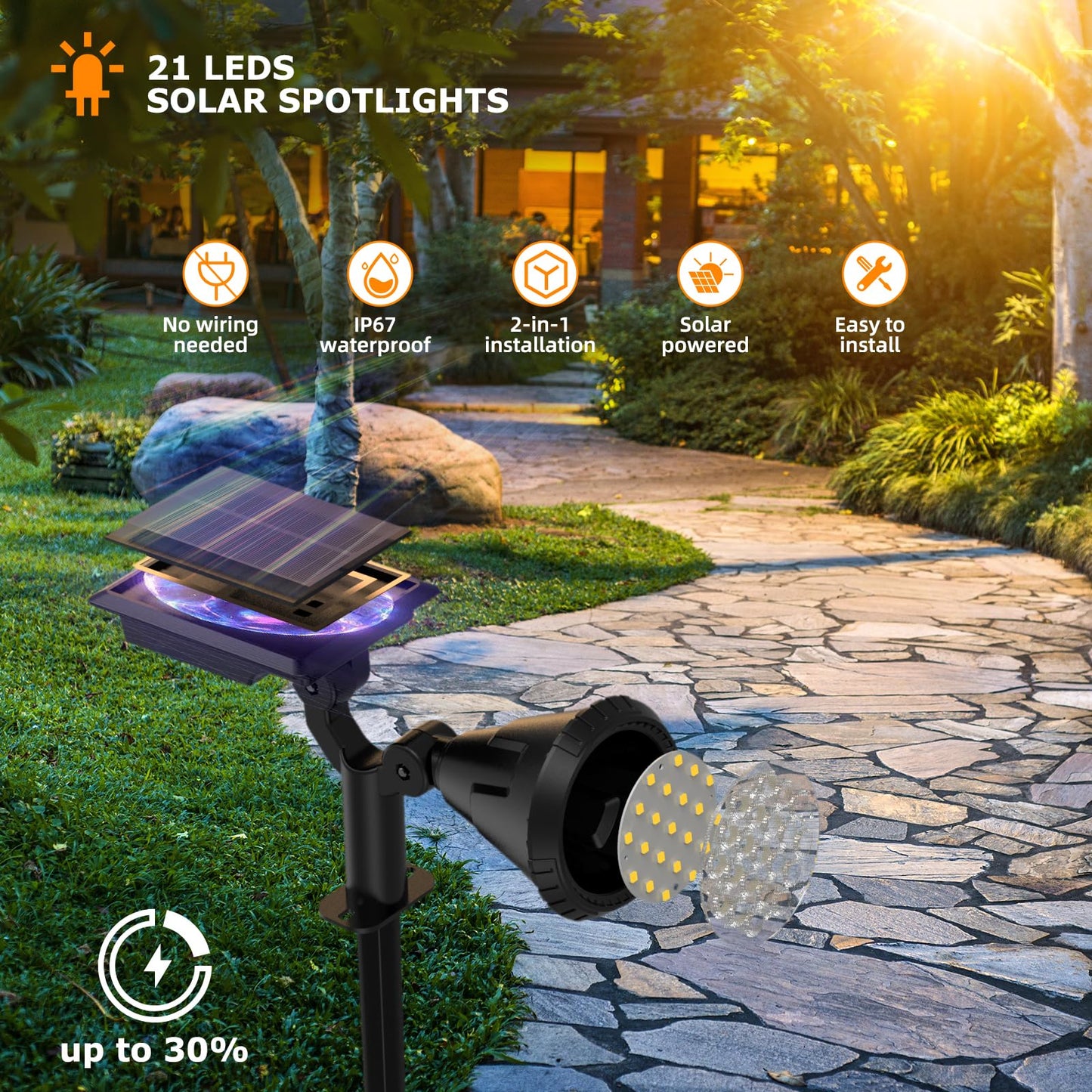 XTGTP Solar Spot Lights - 21 LED Brightness, IP67 Waterproof, 2-in-1 Adjustable Solar Power Outdoor Lights for Fence, Warm White (6 Pack)
