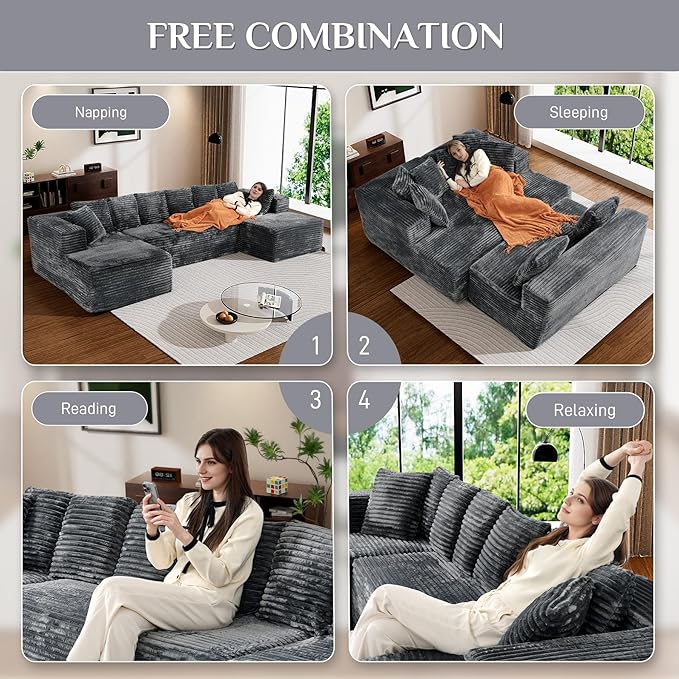 Modular Sectional Sofa, 130" U Shaped Cloud Couch Plush Corduroy Comfy Deep Seat Boneless Sofas with 8 Pillows Double Chaise Lounge Sectional Couches with Memory Foam for Living Room - Dark Grey