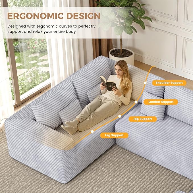 136'' Large Sectional Cloud Couches with Chaise, U Shaped Boneless Loveseat Sofa, No Assembly Required Deep Seat Modular Lounge for Living Room 3PCS Set, Bedroom(Light Grey)