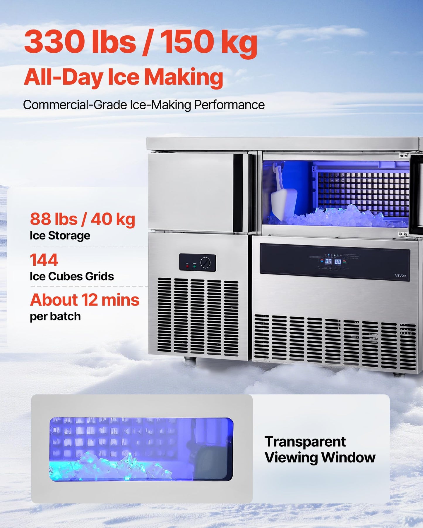 VEVOR Commercial Ice Maker Machine, 330 lbs/24H Stainless Steel Ice Machine with Worktop, 88 lbs Storage & 144 Cubes/Cycle, Self-Cleaning Freestanding Ice-Making for Home Bar Office Restaurant Kitchen