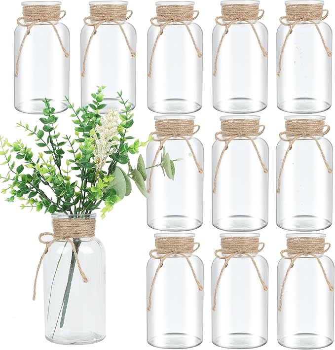 Vintage Glass Flower Vase，12 Pack Farmhouse Transparent White Glass Centerpiece Vases Mason Jars for Weddings, Parties & H...