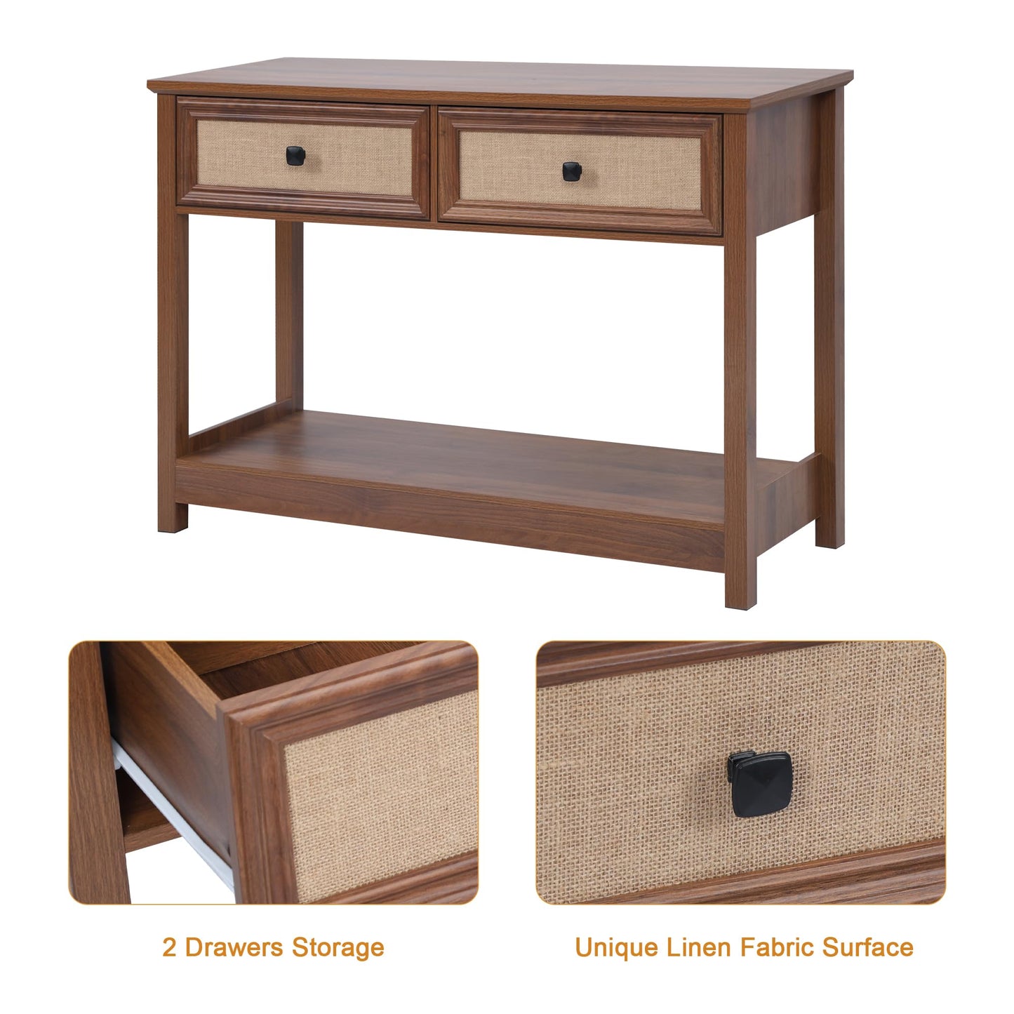 Boho Console Table with Burlap Rattan Drawers, 2 Tier Modern Narrow Entryway Table Foyer Table with Open Storage Shelves, Hallway Accent Table Behind Couch Table for Living Room, Walnut